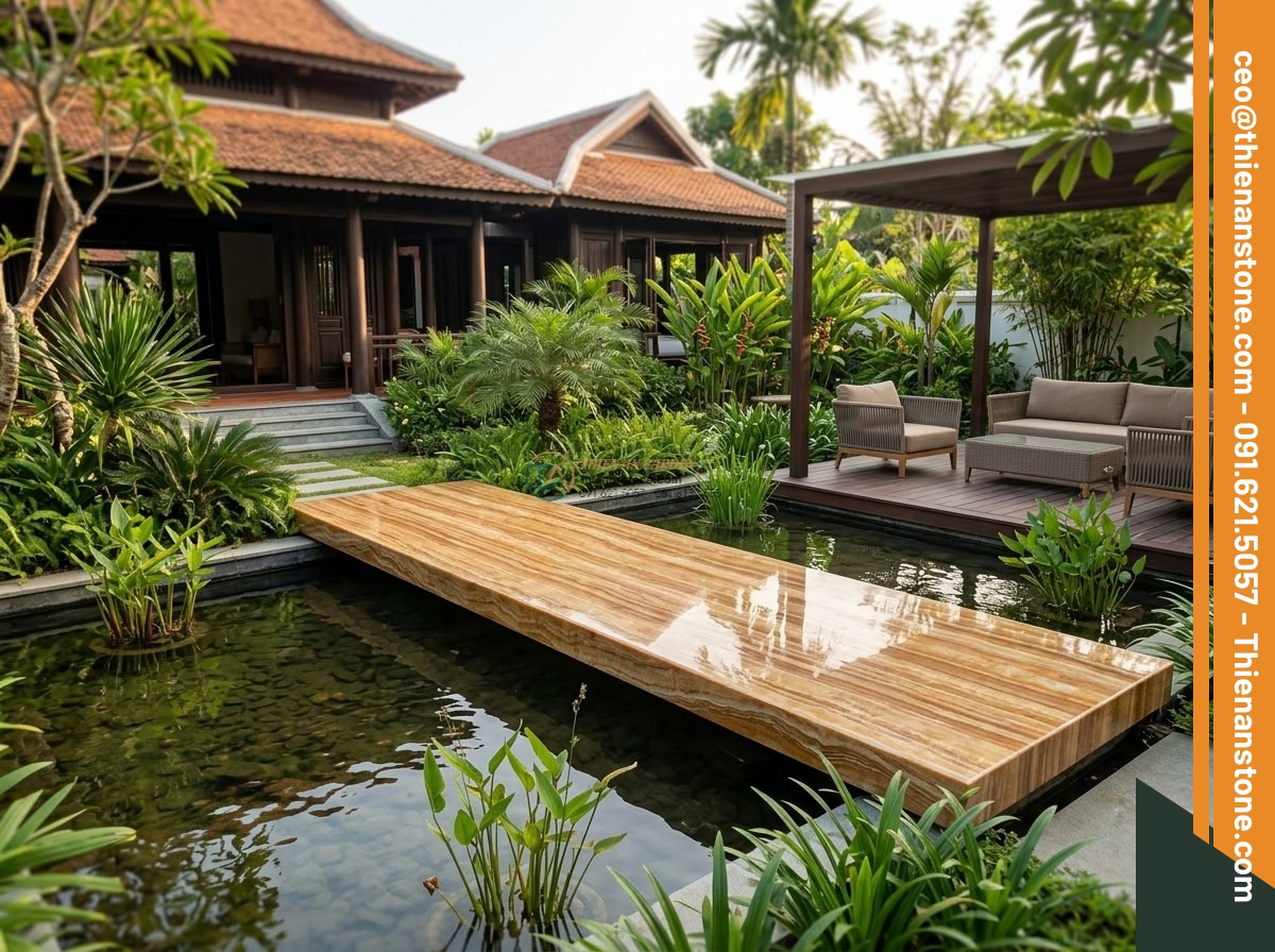 Cầu phiến thẳng đá vàng vân gỗ vân dọc tinh tế: 190 x 75 x 18 cm.