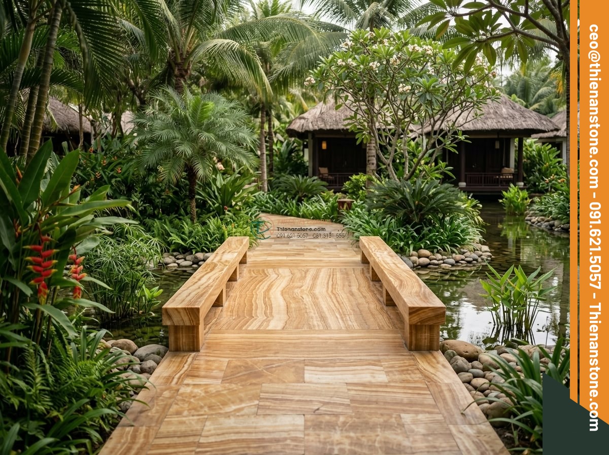 Cầu phiến thẳng đá vàng vân gỗ vân dọc tinh tế: 190 x 75 x 18 cm.