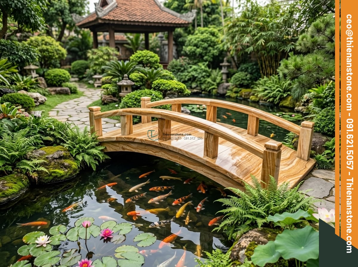 Cầu phiến thẳng đá vàng vân gỗ vân dọc tinh tế: 190 x 75 x 18 cm.
