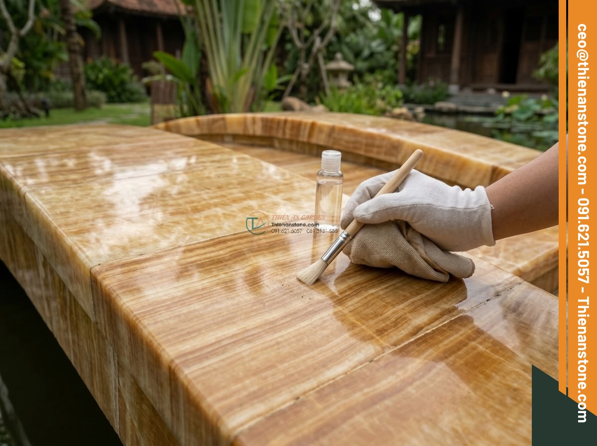 Cầu phiến thẳng đá vàng vân gỗ vân dọc tinh tế: 190 x 75 x 18 cm.