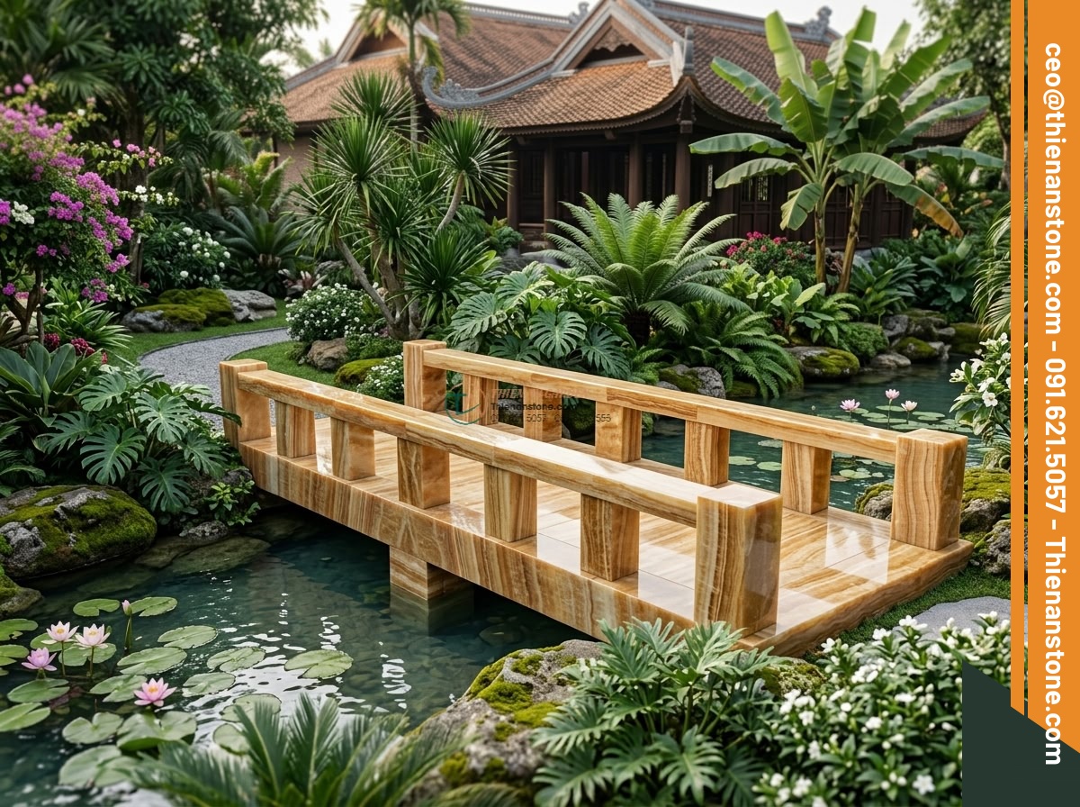 Cầu phiến thẳng đá vàng vân gỗ vân dọc tinh tế: 190 x 75 x 18 cm.