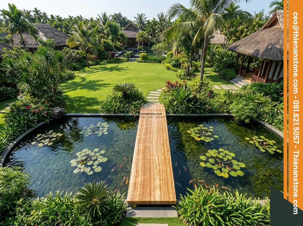 Cầu phiến thẳng đá vàng vân gỗ vân dọc tinh tế: 190 x 75 x 18 cm.