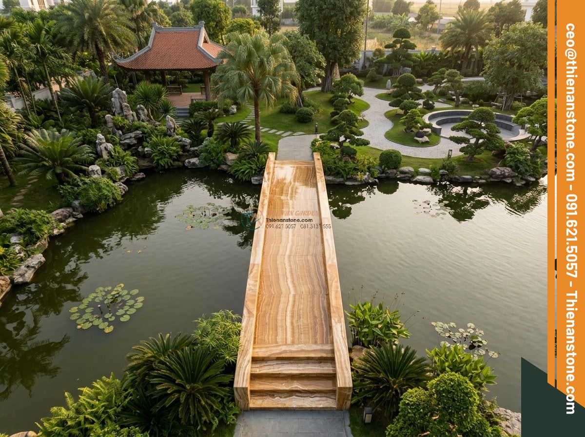 Cầu phiến thẳng đá vàng vân gỗ vân dọc tinh tế: 190 x 75 x 18 cm.