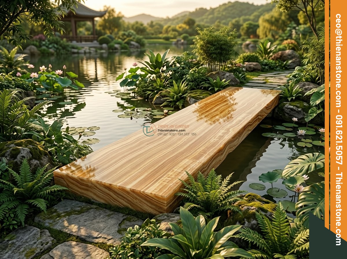 Cầu phiến thẳng đá vàng vân gỗ vân dọc tinh tế: 190 x 75 x 18 cm.