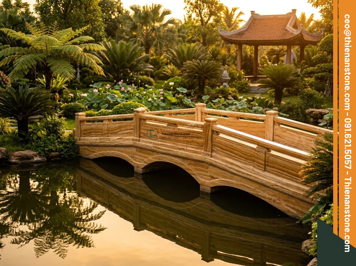 Cầu phiến thẳng đá vàng vân gỗ vân dọc tinh tế: 190 x 75 x 18 cm.