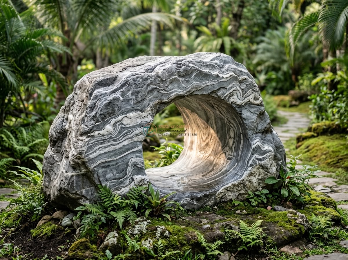 Cầu tảng đá vân mây nguyên khối đục hang: 140 x 70 x 25 cm.