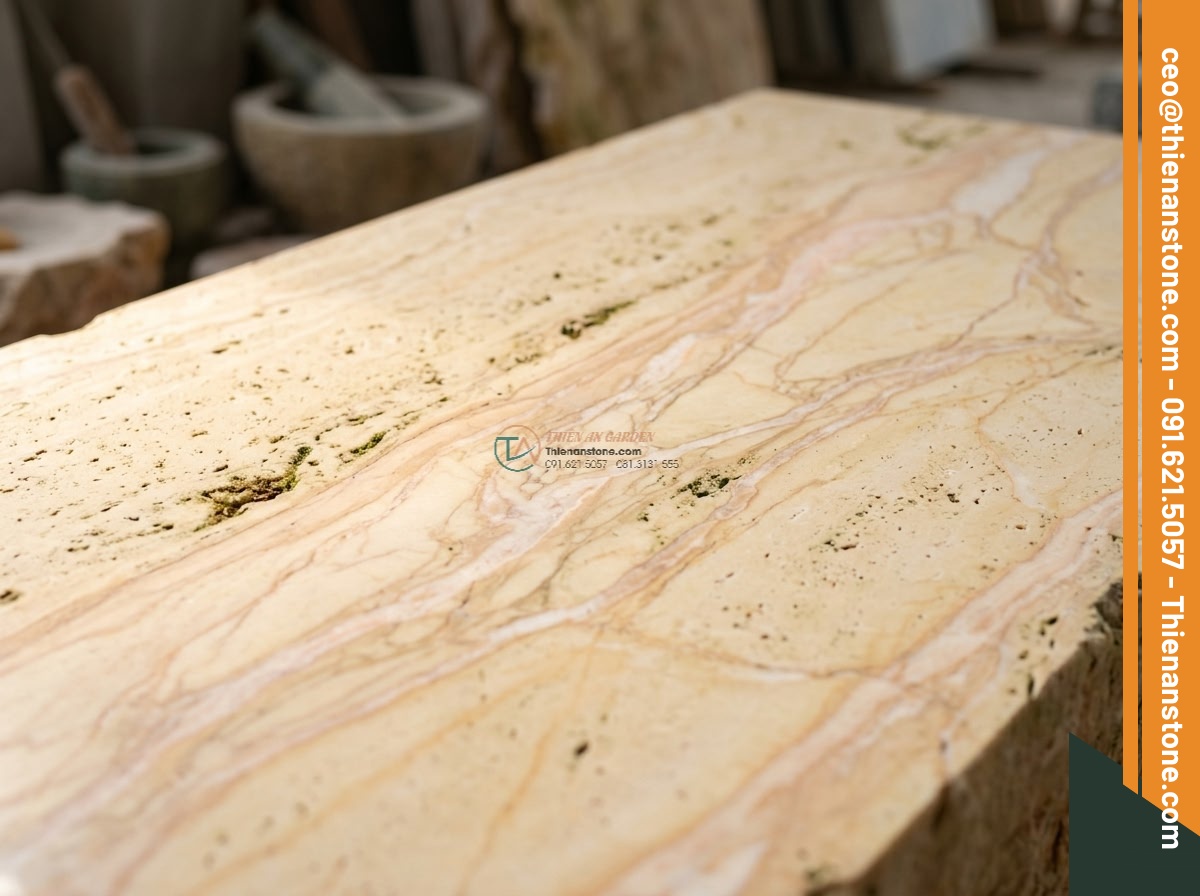 Cầu tảng đá vàng cà rốt thô mộc qua khe suối: 130 x 60 x 20 cm.