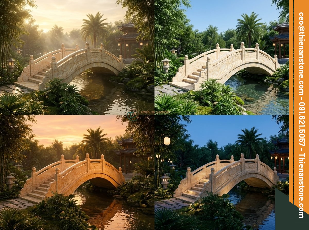 Cầu tảng đá vàng cà rốt thô mộc qua khe suối: 130 x 60 x 20 cm.