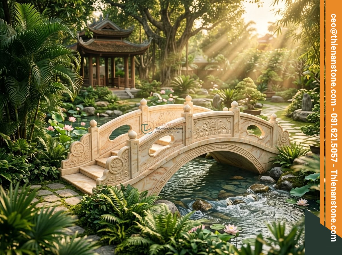 Cầu tảng đá vàng cà rốt thô mộc qua khe suối: 130 x 60 x 20 cm.