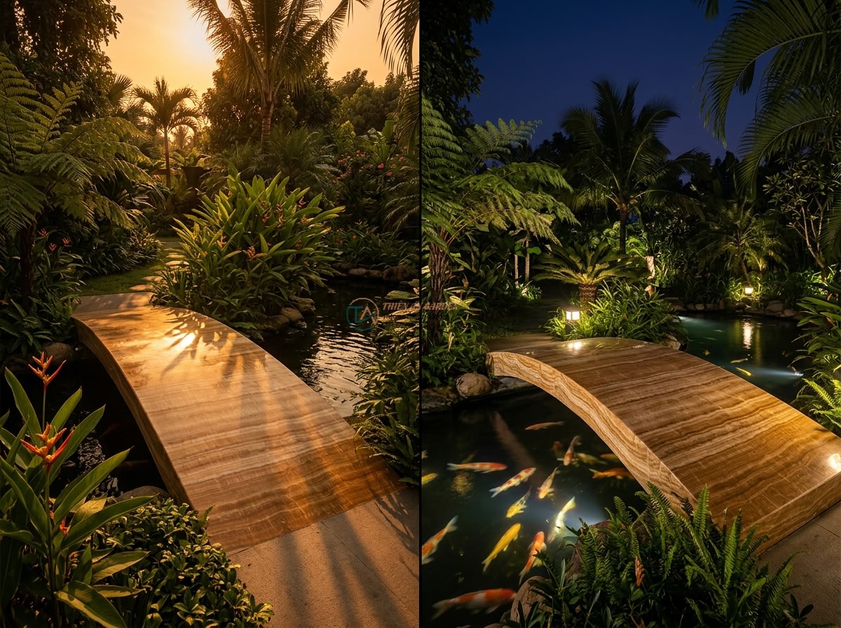 Cầu tảng đá vàng vân gỗ xẻ đôi nghệ thuật: 160 x 70 x 20 cm.