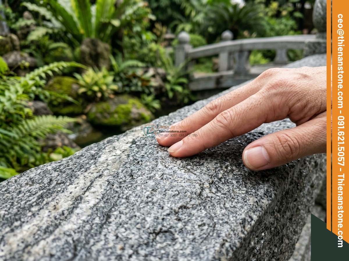 Cầu vòm đá Granite xám băm mặt chống trượt: 160 x 65 x 15 cm. - Hình 3 Cầu vòm đá Granite xám băm mặt chống trượt: 160 x 65 x 15 cm. - Macro detail shot of a hand gently touching the bush-hammered anti-slip surface