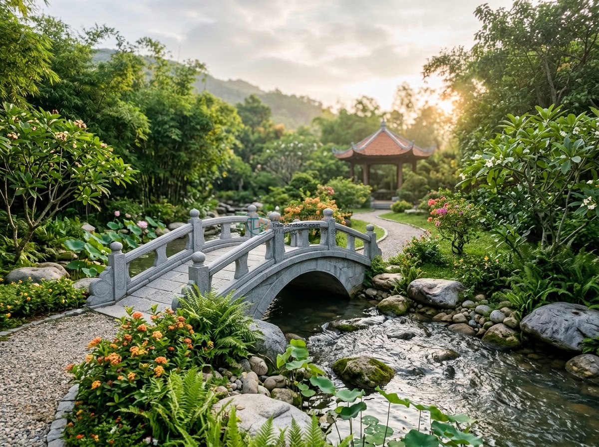 Cầu vòm đá Granite xám băm mặt chống trượt: 160 x 65 x 15 cm. - Symbolic feng shui composition showing the gray granite arched bridge in a beaut