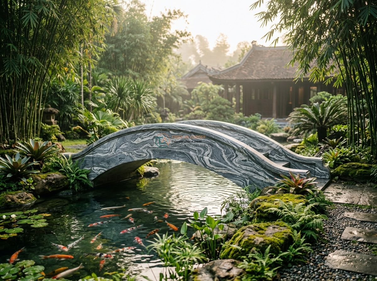 Cầu vòm đá vân mây xám xanh dáng Soribashi: 170 x 75 x 15 cm.