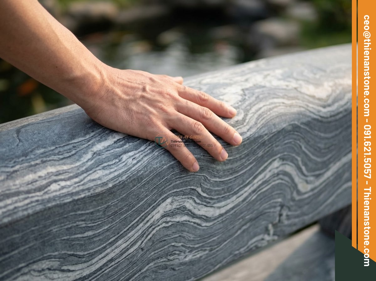 Cầu vòm đá vân mây xám xanh dáng Soribashi: 170 x 75 x 15 cm. - Hình 3 Cầu vòm đá vân mây xám xanh dáng Soribashi: 170 x 75 x 15 cm. - Intimate close-up of a person's hand gently touching the cool gray-blue cloud-ve