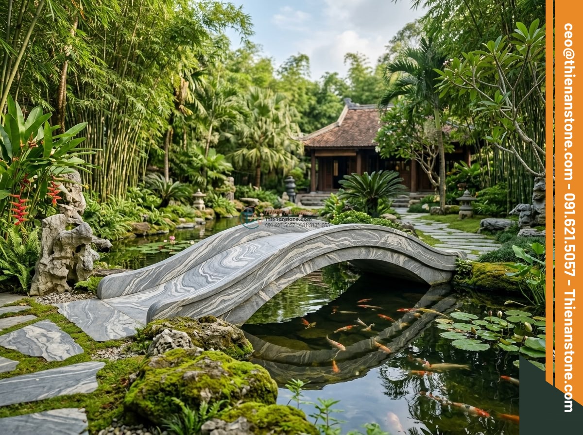 Cầu vòm đá vân mây xám xanh dáng Soribashi: 170 x 75 x 15 cm. - Hình 5 Cầu vòm đá vân mây xám xanh dáng Soribashi: 170 x 75 x 15 cm. - Serene Vietnamese luxury villa garden with Soribashi stone arch bridge over koi