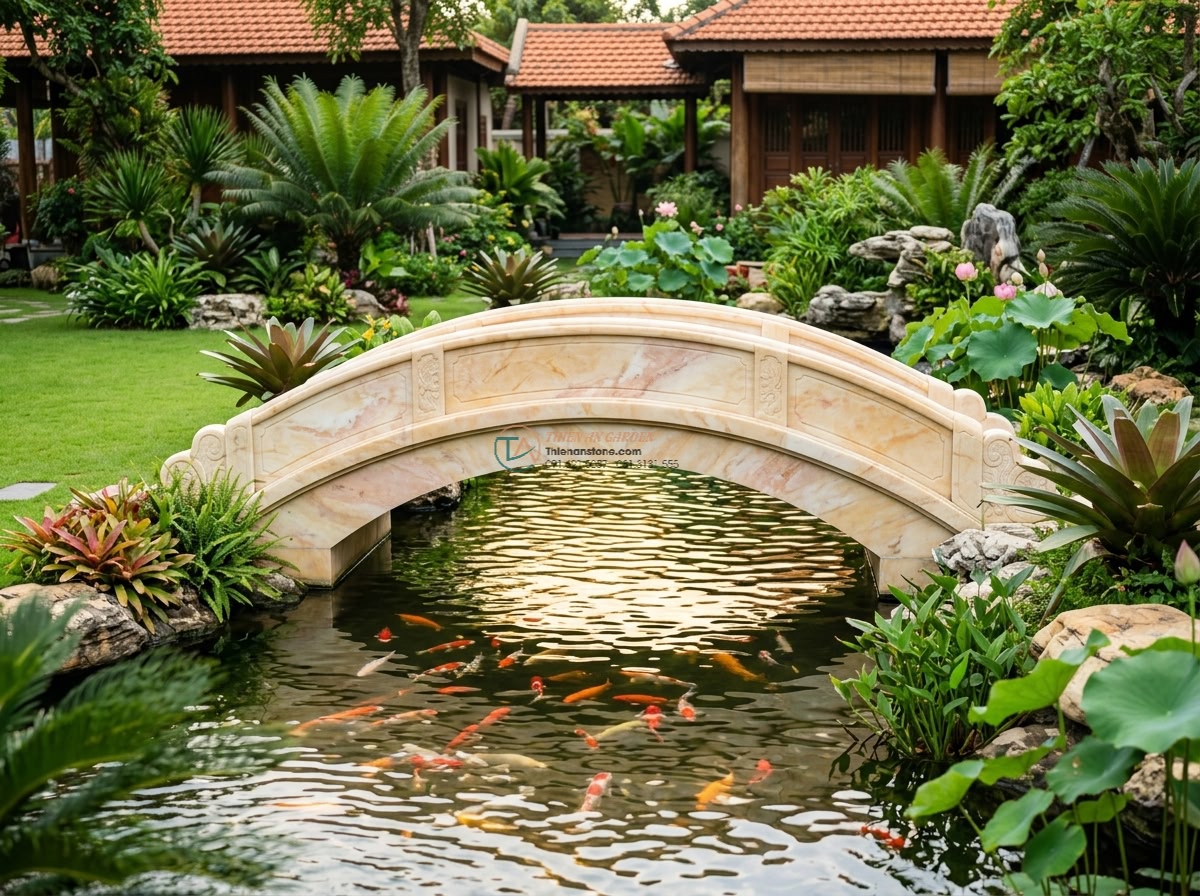 Cầu vòm đá vàng cà rốt nổi bật giữa thảm cỏ: 160 x 60 x 15 cm. - Hình 6 Cầu vòm đá vàng cà rốt nổi bật giữa thảm cỏ: 160 x 60 x 15 cm. - Feng shui inspired scene of the golden carrot yellow stone arched bridge 160x60x