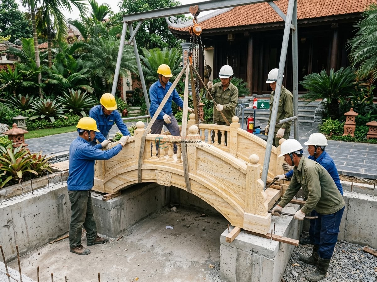 Cầu vòm đá vàng vân gỗ phong cách mộc gia: 170 x 65 x 15 cm.