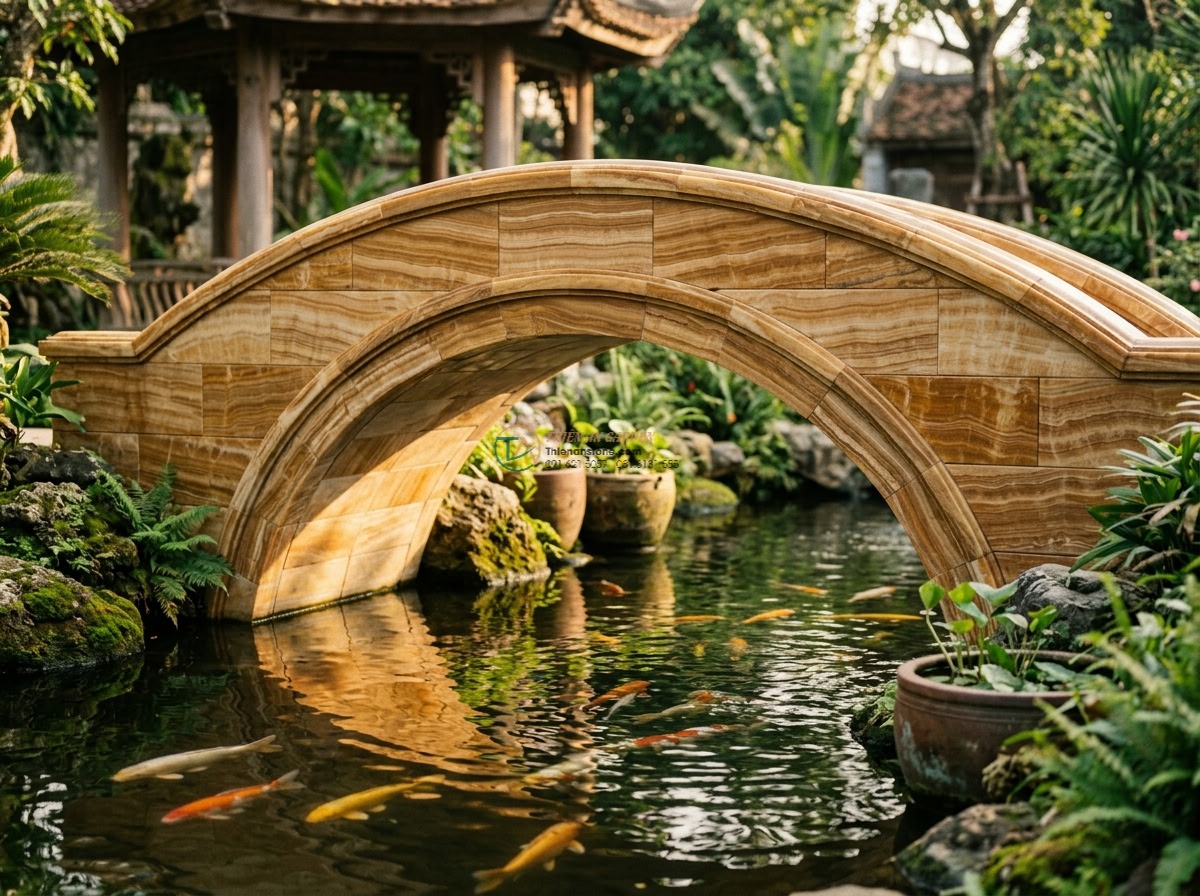 Cầu vòm đá vàng vân gỗ phong cách mộc gia: 170 x 65 x 15 cm.