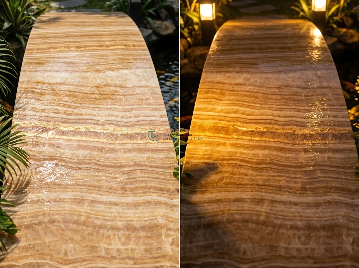 Cầu vòm đá vàng vân gỗ phong cách mộc gia: 170 x 65 x 15 cm.