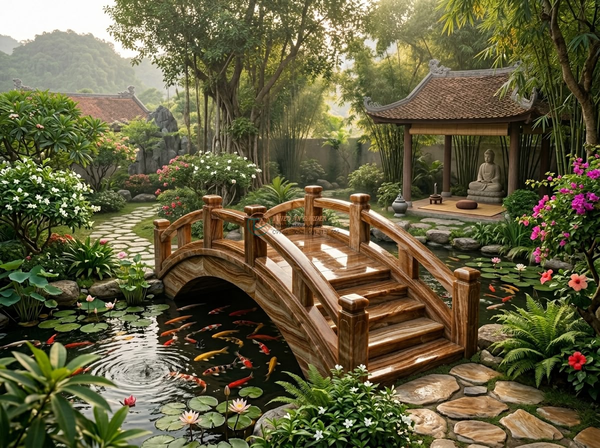 Cầu vòm đá vàng vân gỗ phong cách mộc gia: 170 x 65 x 15 cm.