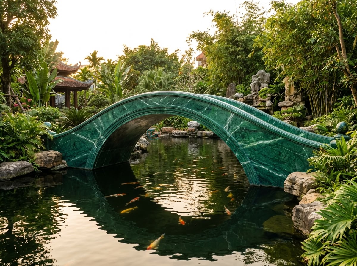 Cầu vòm đại đá xanh Ấn Độ nguyên khối (Dành cho hồ cá lớn): 250 x 90 x 25 cm. - Hình 1 Cầu vòm đại đá xanh Ấn Độ nguyên khối (Dành cho hồ cá lớn): 250 x 90 x 25 cm. - Wide cinematic establishing shot of a luxurious Vietnamese villa garden at golde