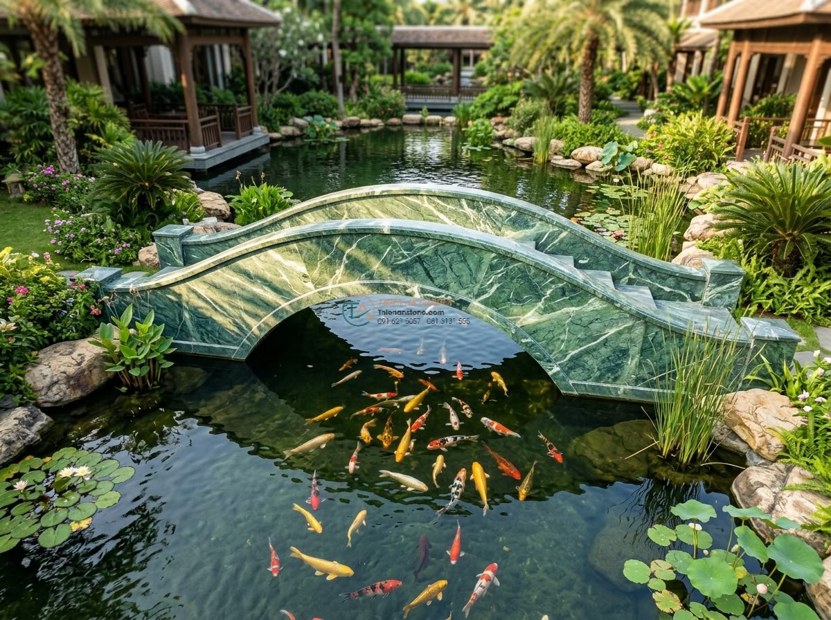Cầu vòm đại đá xanh Ấn Độ nguyên khối (Dành cho hồ cá lớn): 250 x 90 x 25 cm. - Hình 5 Cầu vòm đại đá xanh Ấn Độ nguyên khối (Dành cho hồ cá lớn): 250 x 90 x 25 cm. - Beautiful overhead view of the Indian green stone arch bridge over a large koi p