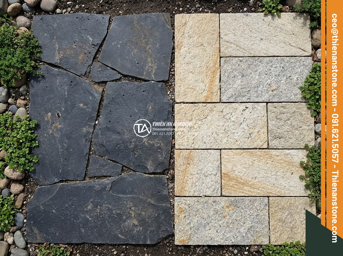 Đá Bazan Khò Mặt Chữ Nhật Bước Dạo - Chất liệu: Đá bazan tự nhiên - Kích thước: 40x60cm, dày 3-4cm (viền chìa hoặc thẳng) - Hình 13 Đá Bazan Khò Mặt Chữ Nhật Bước Dạo - Chất liệu: Đá bazan tự nhiên - Kích thước: 40x60cm, dày 3-4cm (viền chìa hoặc thẳng) - Comparison side by side of basalt vs other natural stones for garden paving