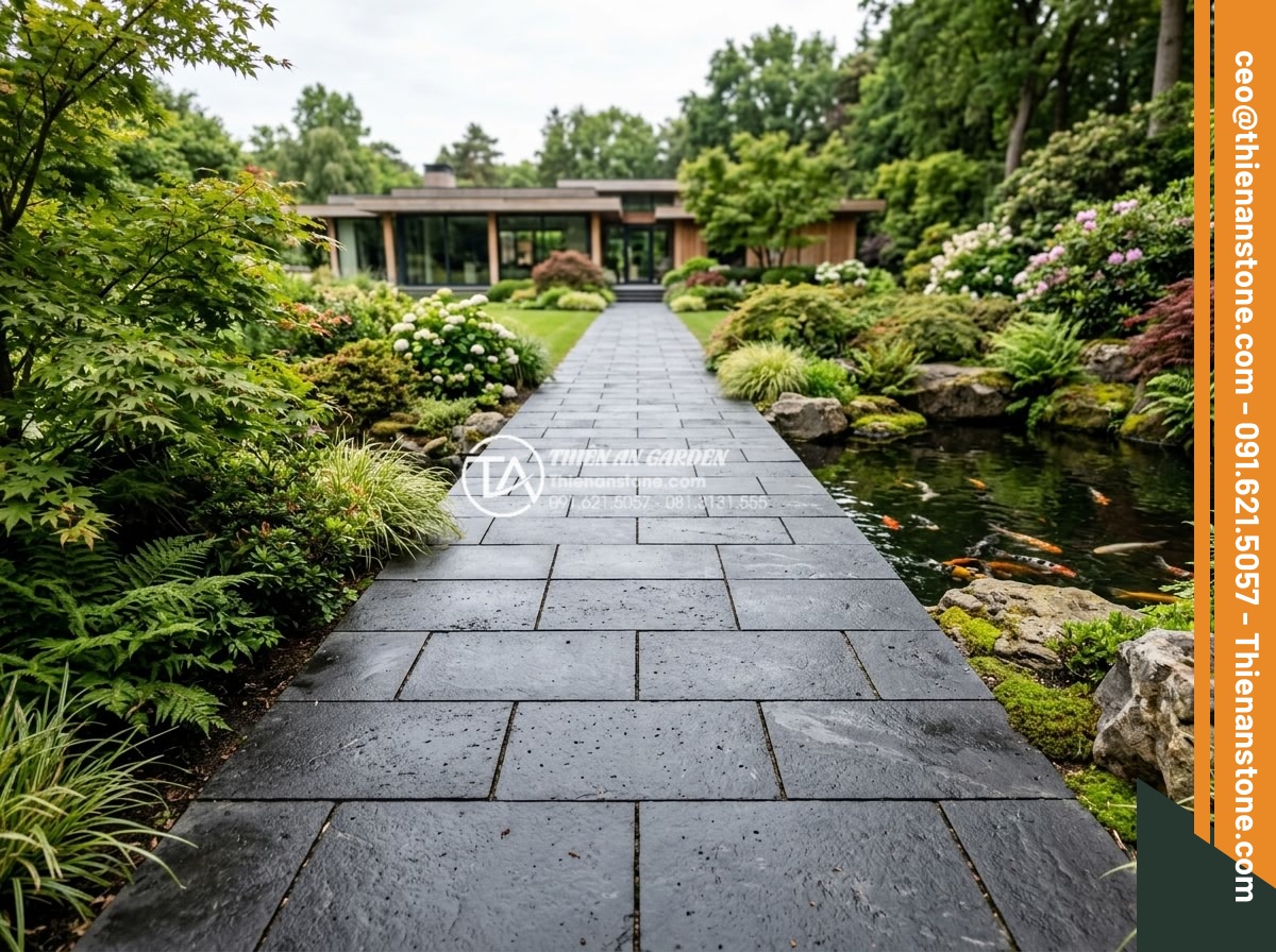 Đá Bazan Khò Mặt Chữ Nhật Bước Dạo - Chất liệu: Đá bazan tự nhiên - Kích thước: 40x60cm, dày 3-4cm (viền chìa hoặc thẳng) - Hình 3 Đá Bazan Khò Mặt Chữ Nhật Bước Dạo - Chất liệu: Đá bazan tự nhiên - Kích thước: 40x60cm, dày 3-4cm (viền chìa hoặc thẳng) - Distant perspective of a long garden walkway made from 40x60cm rectangular basal