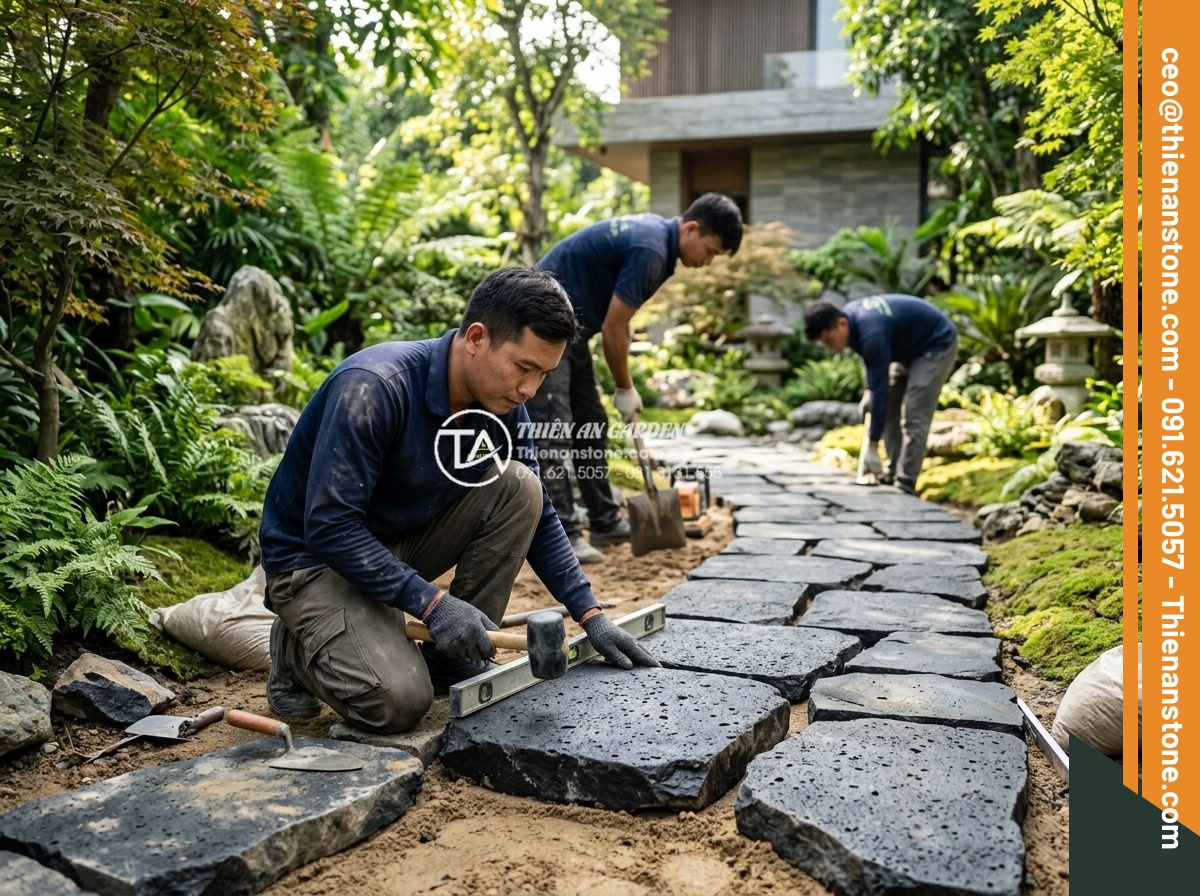 Đá Bazan Quy Cách Bước Dạo - Chất liệu: Đá bazan xám/đen - Kích thước: 30x60cm, dày 2-3cm - Hình 19 Đá Bazan Quy Cách Bước Dạo - Chất liệu: Đá bazan xám/đen - Kích thước: 30x60cm, dày 2-3cm - Professional team from Da Canh Thien An installing high-end basalt garden pathwa