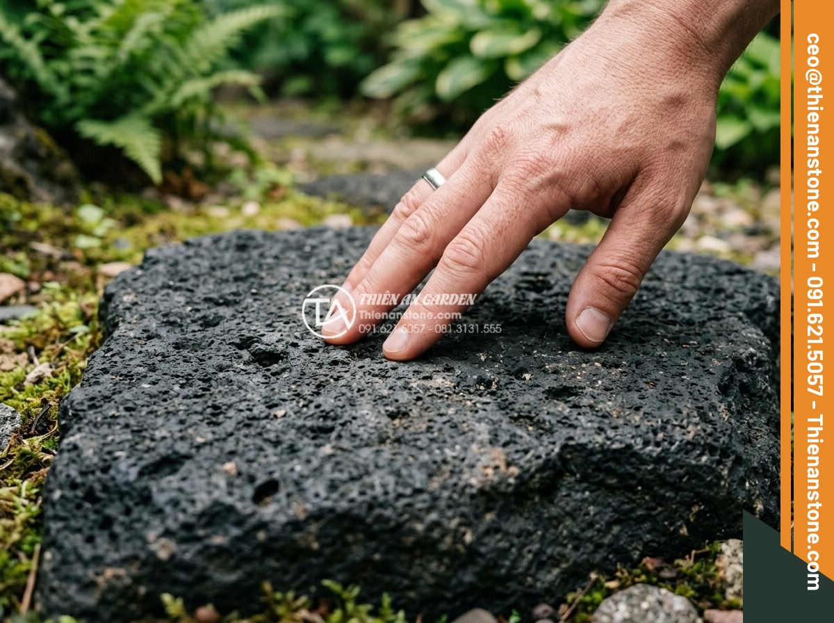 Đá Bazan Quy Cách Bước Dạo - Chất liệu: Đá bazan xám/đen - Kích thước: 30x60cm, dày 2-3cm - Hình 5 Đá Bazan Quy Cách Bước Dạo - Chất liệu: Đá bazan xám/đen - Kích thước: 30x60cm, dày 2-3cm - Human hand touching basalt stepping stone surface showing texture and temperatur