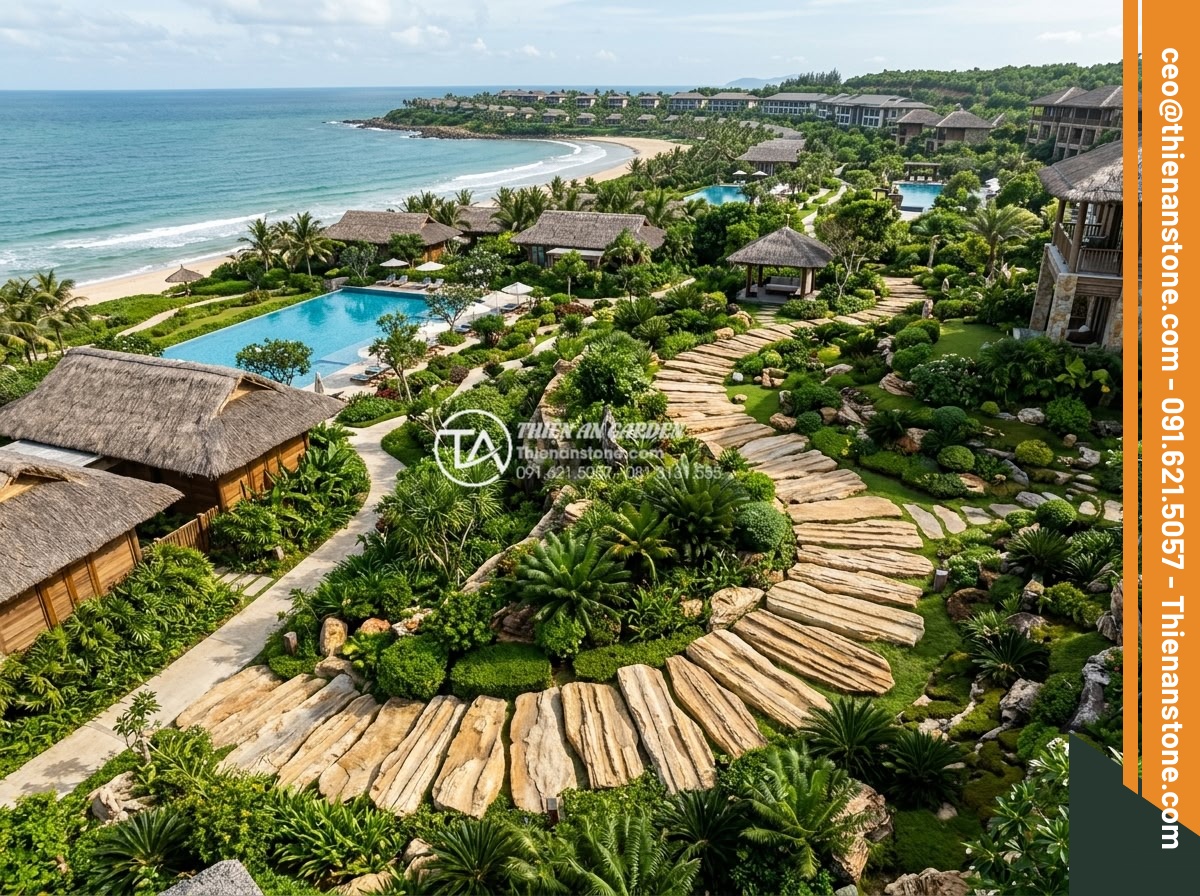 Đá Cổ Thạch Bước Dạo - Chất liệu: Đá cổ thạch tự nhiên - Kích thước: Đa dạng quy cách 30x60cm, dày 3-5cm - Hình 4 Đá Cổ Thạch Bước Dạo - Chất liệu: Đá cổ thạch tự nhiên - Kích thước: Đa dạng quy cách 30x60cm, dày 3-5cm - Distant aerial perspective of curved stepping stone walkway in high-end resort g