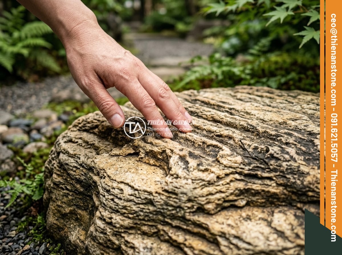 Đá Cổ Thạch Bước Dạo - Chất liệu: Đá cổ thạch tự nhiên - Kích thước: Đa dạng quy cách 30x60cm, dày 3-5cm - Hình 9 Đá Cổ Thạch Bước Dạo - Chất liệu: Đá cổ thạch tự nhiên - Kích thước: Đa dạng quy cách 30x60cm, dày 3-5cm - Human hand gently touching the textured surface of natural ancient stepping ston