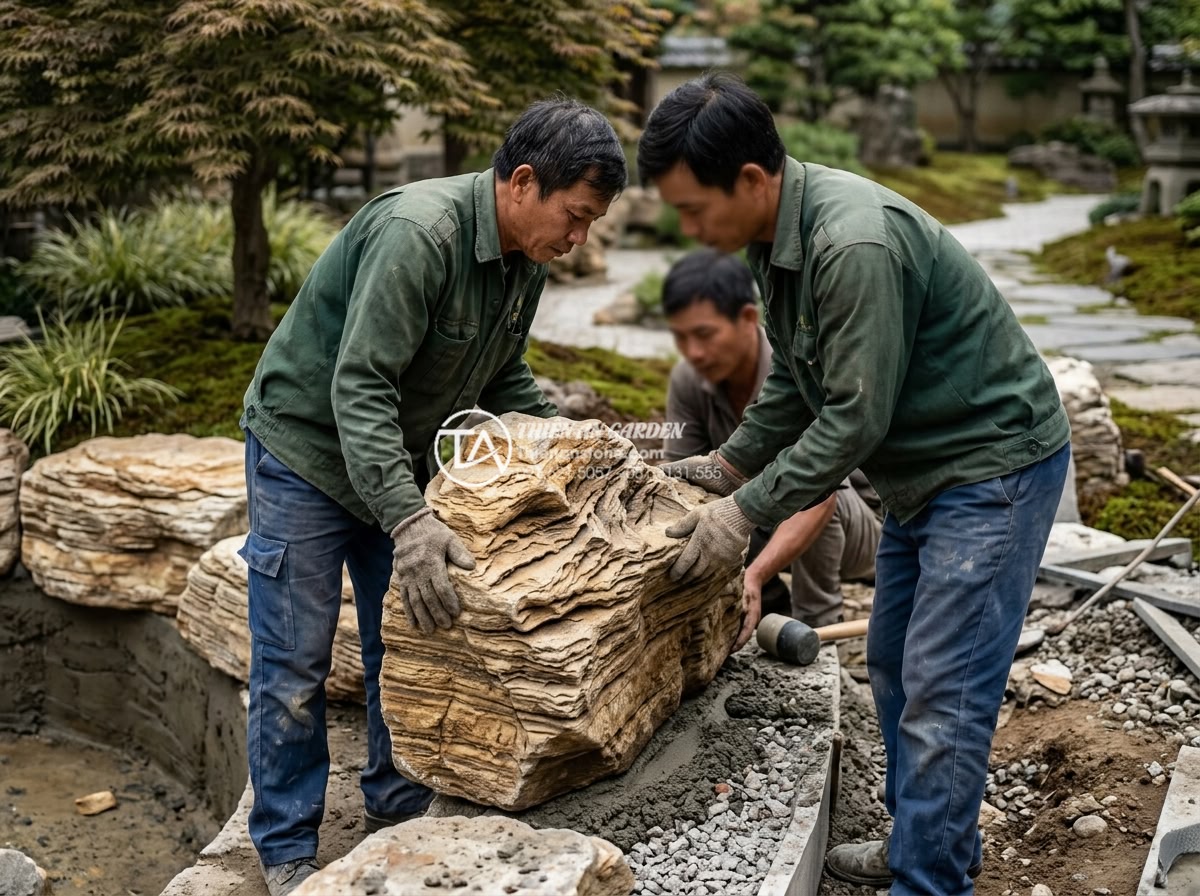 Đá cổ thạch xếp lớp kè hồ cá