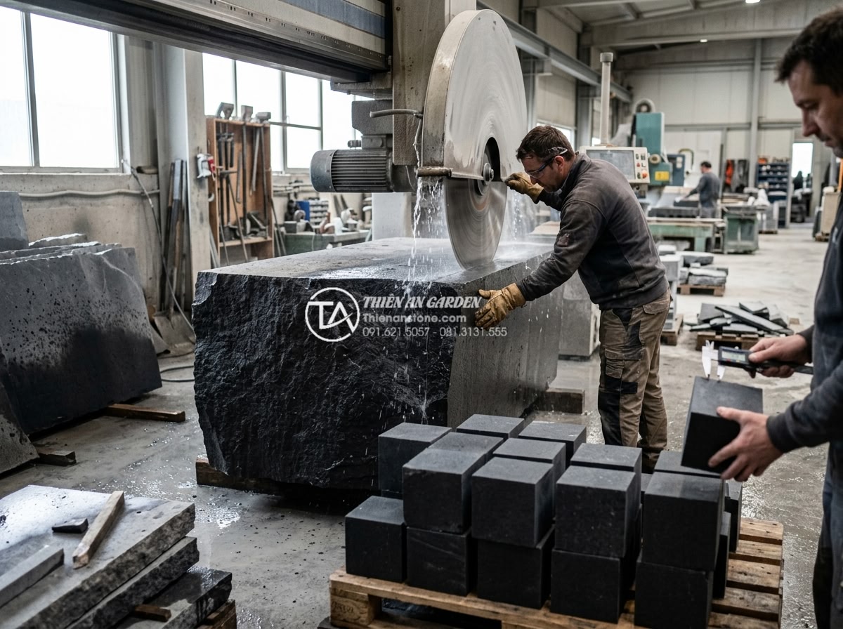 Đá Cubic Bazan Đen Chẻ Thô - Chất liệu: Đá bazan đen tự nhiên (Gia Lai/Bình Định) - Kích thước: 10x10x5cm hoặc 10x10x8cm (dày 5-10cm) - Hình 18 Đá Cubic Bazan Đen Chẻ Thô - Chất liệu: Đá bazan đen tự nhiên (Gia Lai/Bình Định) - Kích thước: 10x10x5cm hoặc 10x10x8cm (dày 5-10cm) - Professional selection and cutting process of cubic basalt stones in workshop, s