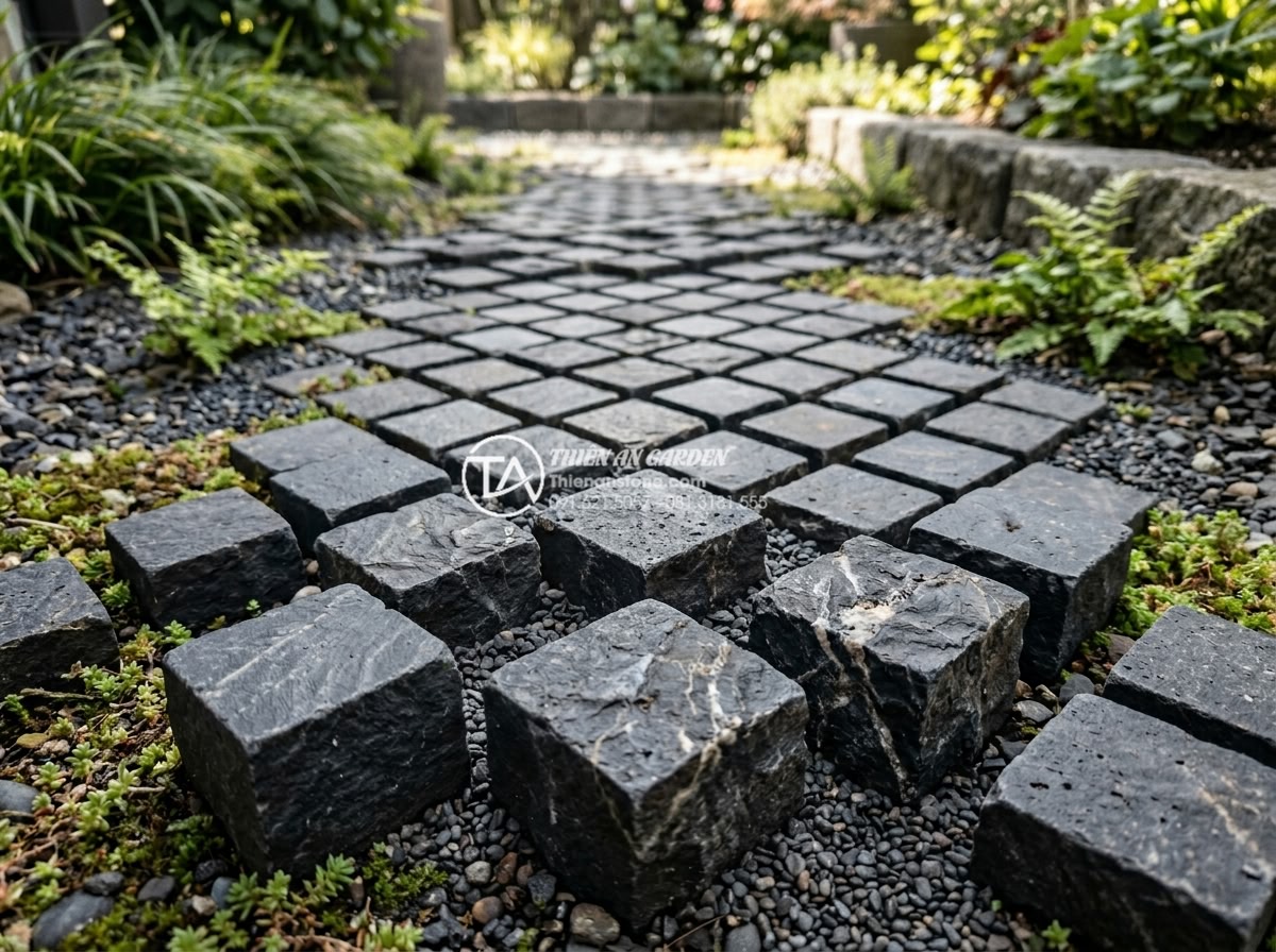 Đá Cubic Bazan Đen Chẻ Thô - Chất liệu: Đá bazan đen tự nhiên (Gia Lai/Bình Định) - Kích thước: 10x10x5cm hoặc 10x10x8cm (dày 5-10cm) - Hình 6 Đá Cubic Bazan Đen Chẻ Thô - Chất liệu: Đá bazan đen tự nhiên (Gia Lai/Bình Định) - Kích thước: 10x10x5cm hoặc 10x10x8cm (dày 5-10cm) - Artistic angle view of multiple cubic basalt stones displaying unique vein patte