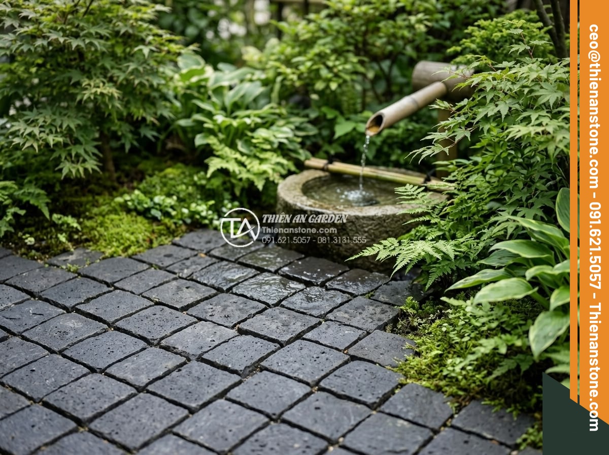 Đá Cubic Bazan Khò Mặt – Chất liệu: Đá bazan tự nhiên – Kích thước: 10x10x8cm (dày 8cm, khò lửa chống trơn)