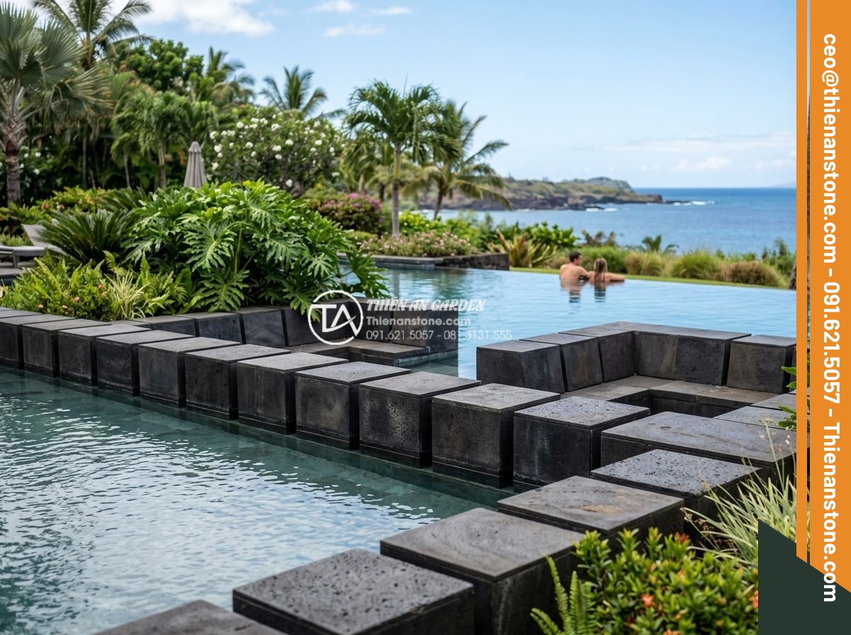 Đá Cubic Bazan Khò Mặt – Chất liệu: Đá bazan tự nhiên – Kích thước: 10x10x8cm (dày 8cm, khò lửa chống trơn)