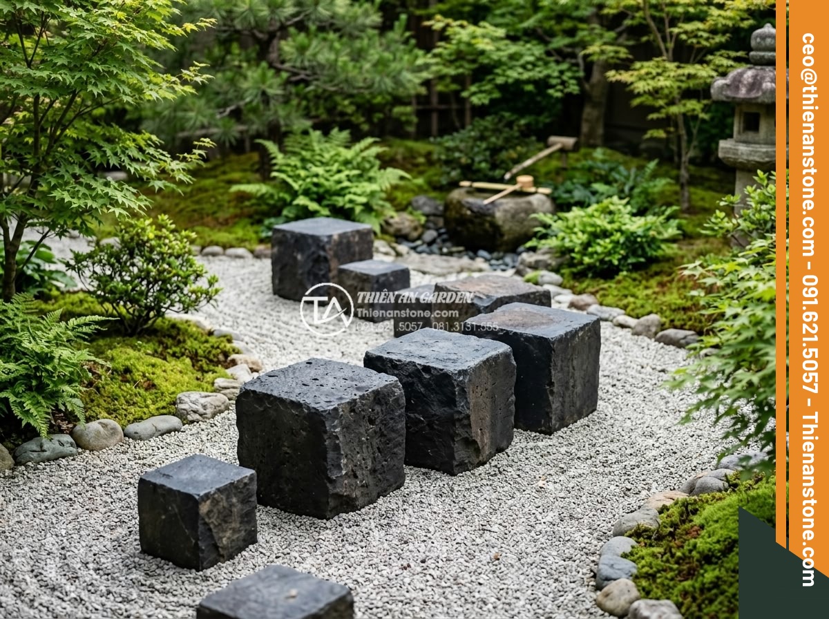 Đá Cubic Bazan Khò Mặt – Chất liệu: Đá bazan tự nhiên – Kích thước: 10x10x8cm (dày 8cm, khò lửa chống trơn)