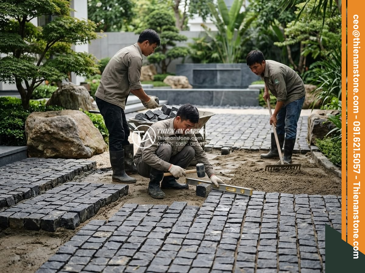 Đá Cubic Bazan Khò Mặt – Chất liệu: Đá bazan tự nhiên – Kích thước: 10x10x8cm (dày 8cm, khò lửa chống trơn)
