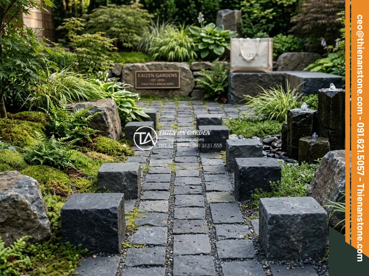 Đá Cubic Bazan Khò Mặt – Chất liệu: Đá bazan tự nhiên – Kích thước: 10x10x8cm (dày 8cm, khò lửa chống trơn)