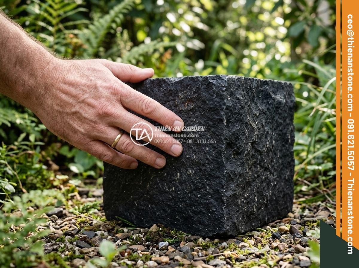 Đá Cubic Bazan Khò Mặt – Chất liệu: Đá bazan tự nhiên – Kích thước: 10x10x8cm (dày 8cm, khò lửa chống trơn)