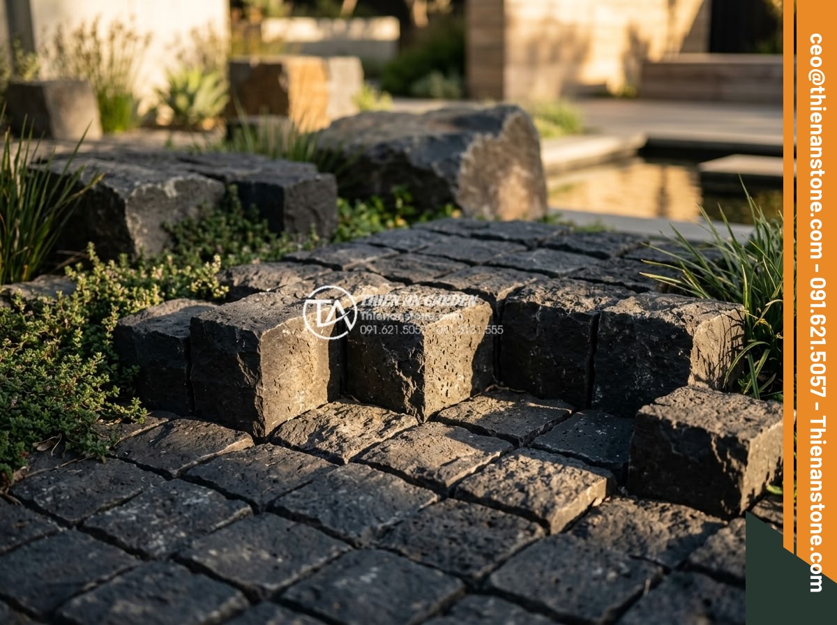 Đá Cubic Bazan Khò Mặt – Chất liệu: Đá bazan tự nhiên – Kích thước: 10x10x8cm (dày 8cm, khò lửa chống trơn)