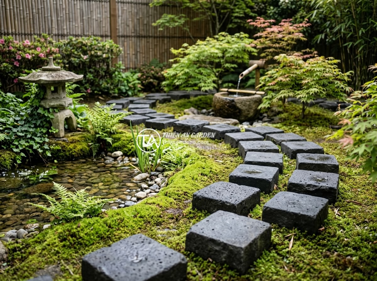 Đá Cubic Bazan Xám - Chất liệu: Đá bazan xám tự nhiên - Kích thước: 10x10x5cm hoặc 15x15x5cm (dày 5-8cm) - Hình 15 Đá Cubic Bazan Xám - Chất liệu: Đá bazan xám tự nhiên - Kích thước: 10x10x5cm hoặc 15x15x5cm (dày 5-8cm) - Feng shui inspired garden layout with strategically placed gray basalt cubic sto