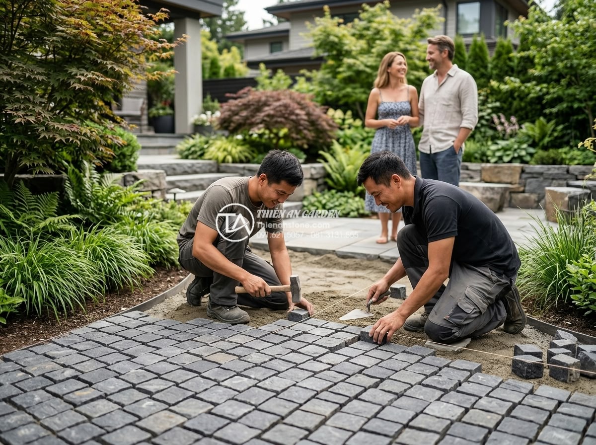 Đá Cubic Bazan Xám - Chất liệu: Đá bazan xám tự nhiên - Kích thước: 10x10x5cm hoặc 15x15x5cm (dày 5-8cm) - Hình 19 Đá Cubic Bazan Xám - Chất liệu: Đá bazan xám tự nhiên - Kích thước: 10x10x5cm hoặc 15x15x5cm (dày 5-8cm) - Professional team from Da Canh Thien An company installing premium gray basalt c