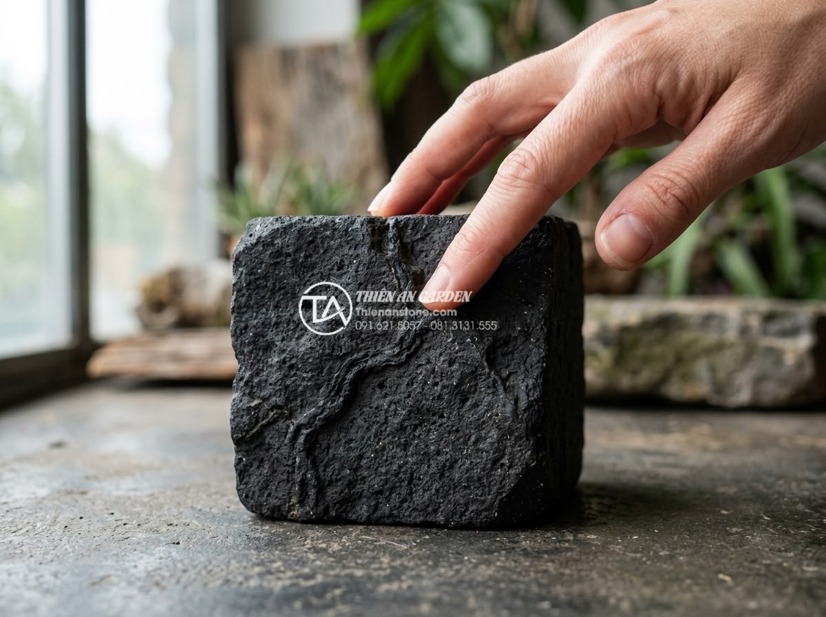 Đá Cubic Bazan Xám - Chất liệu: Đá bazan xám tự nhiên - Kích thước: 10x10x5cm hoặc 15x15x5cm (dày 5-8cm) - Hình 8 Đá Cubic Bazan Xám - Chất liệu: Đá bazan xám tự nhiên - Kích thước: 10x10x5cm hoặc 15x15x5cm (dày 5-8cm) - Close-up of fingers tracing natural veins on basalt cubic stone 10x10x5cm, empha