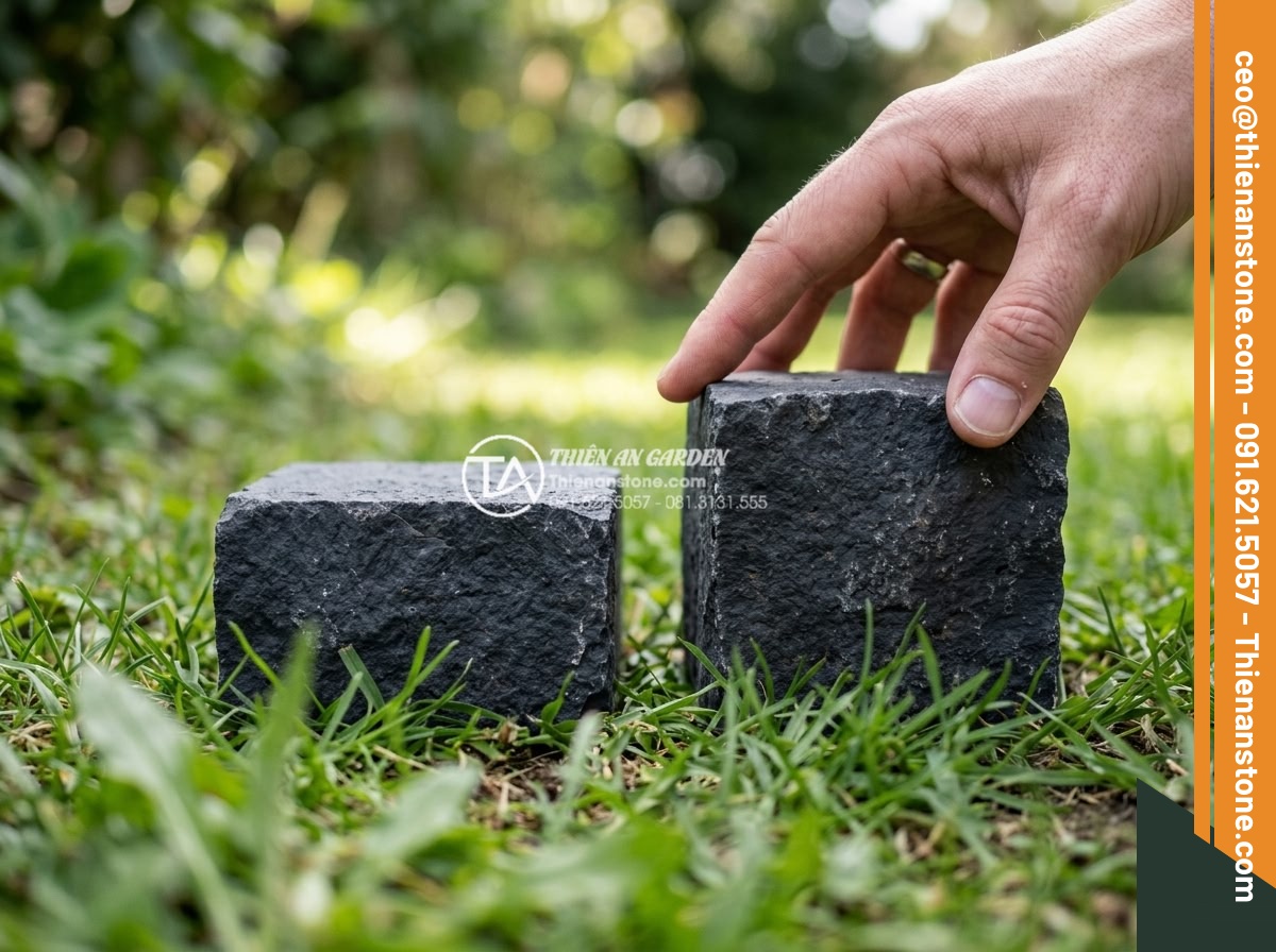 Đá Cubic Đá Bazan - Chất liệu: Đá Bazan tự nhiên - Kích thước: 10x10x5cm hoặc 10x10x8cm - Hình 3 Đá Cubic Đá Bazan - Chất liệu: Đá Bazan tự nhiên - Kích thước: 10x10x5cm hoặc 10x10x8cm - Close-up perspective of person approaching and examining 10x10x5cm and 10x10x8cm