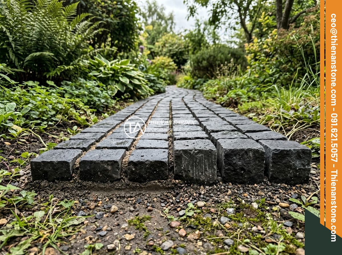 Đá Cubic Đá Bazan - Chất liệu: Đá Bazan tự nhiên - Kích thước: 10x10x5cm hoặc 10x10x8cm - Hình 4 Đá Cubic Đá Bazan - Chất liệu: Đá Bazan tự nhiên - Kích thước: 10x10x5cm hoặc 10x10x8cm - Detailed side view of basalt cubic stones in perfect 10x10 proportions, highligh