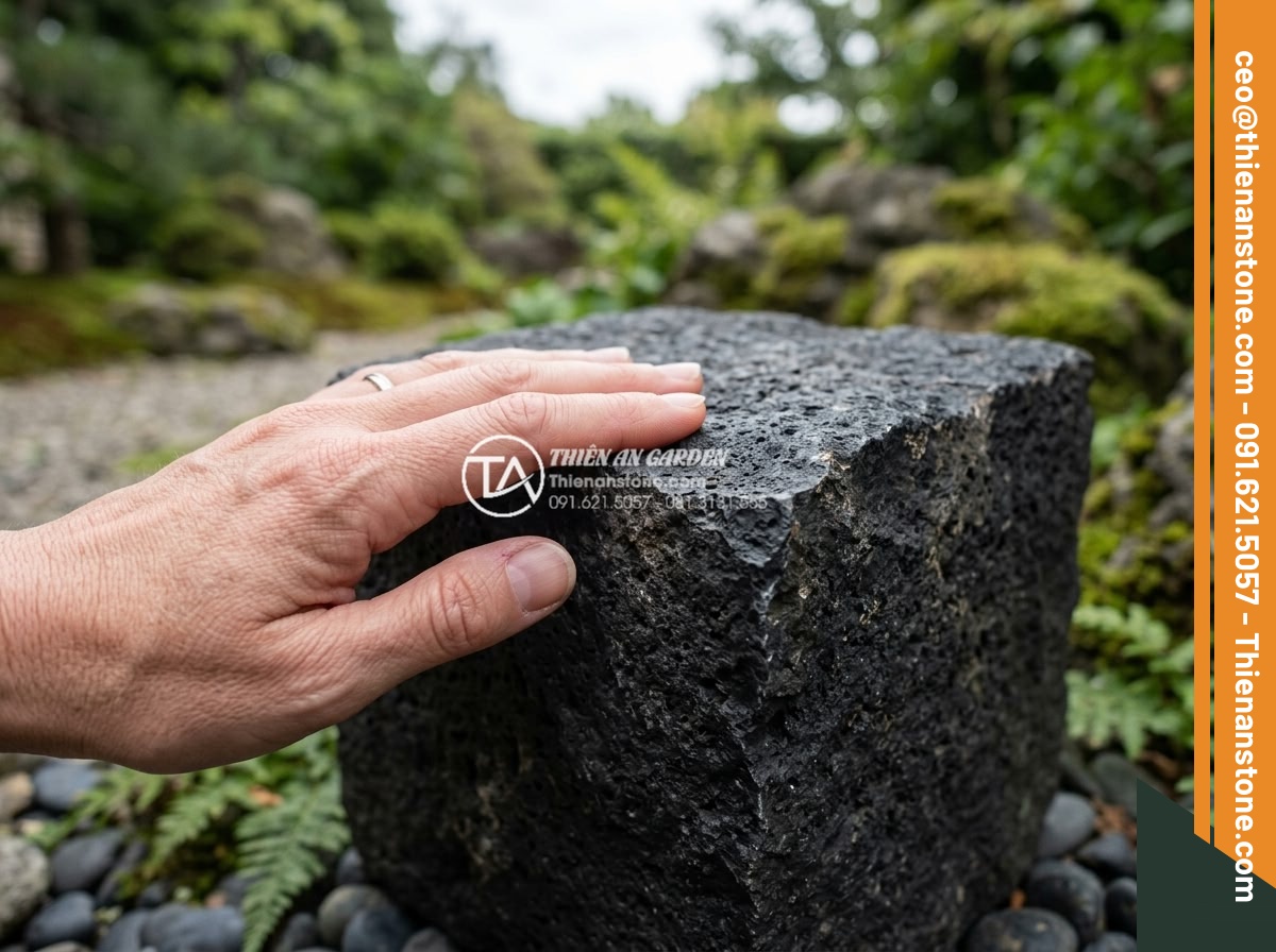 Đá Cubic Đá Bazan - Chất liệu: Đá Bazan tự nhiên - Kích thước: 10x10x5cm hoặc 10x10x8cm - Hình 7 Đá Cubic Đá Bazan - Chất liệu: Đá Bazan tự nhiên - Kích thước: 10x10x5cm hoặc 10x10x8cm - Human hand gently touching the textured surface of a natural cubic basalt stone,