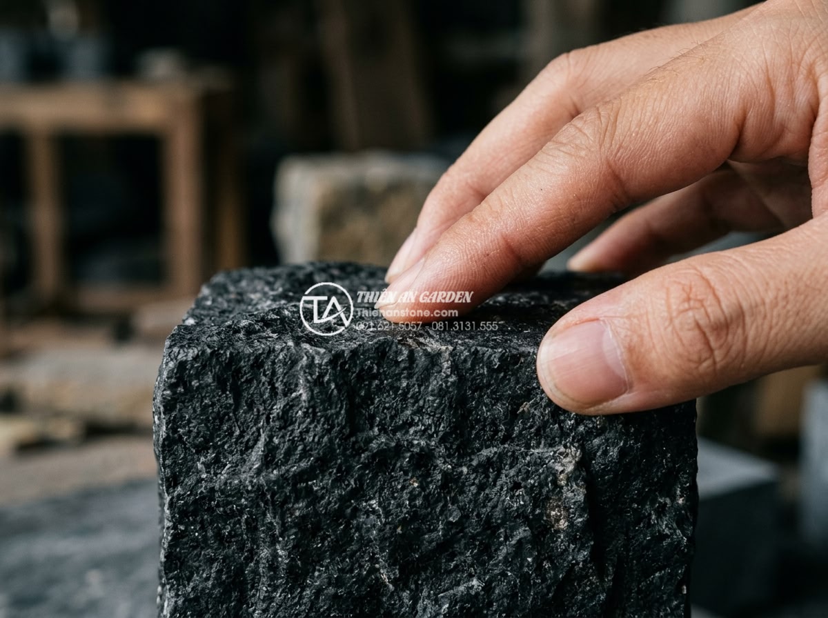 Đá Cubic Đen Thanh Hóa Mặt Băm – Chất liệu: Đá đen Thanh Hóa tự nhiên – Kích thước: 10x10x5cm hoặc 10x10x8cm