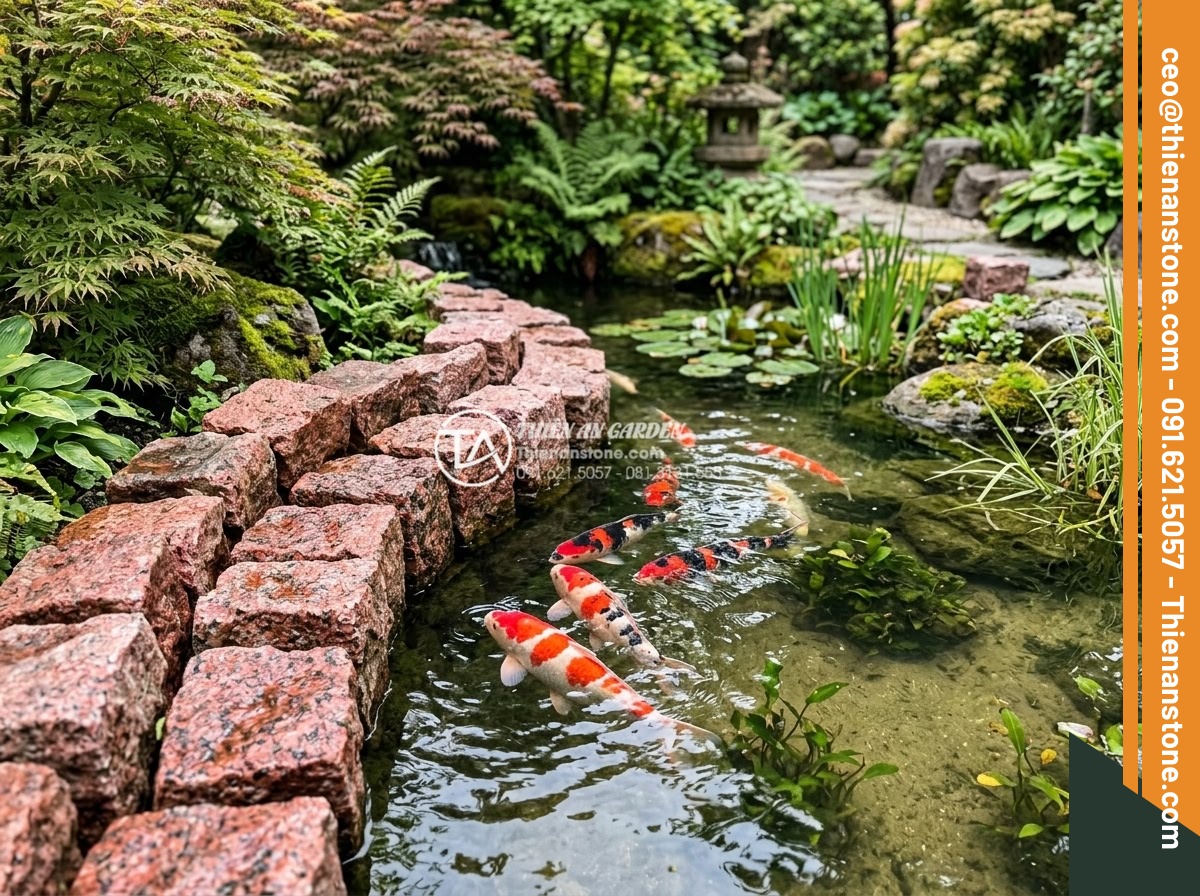 Đá Cubic Granite Đỏ - Chất liệu: Đá granite đỏ tự nhiên - Kích thước: 10x10x5cm - Hình 13 Đá Cubic Granite Đỏ - Chất liệu: Đá granite đỏ tự nhiên - Kích thước: 10x10x5cm - Serene koi pond with red cubic granite stones placed along the edges, beautiful